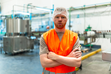 Male worker standing with crossed arms, wearing a hair net and a safety vest, supervising operations...