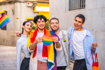 Diverse group of young adults smiling and celebrating pride in the city, holding a rainbow heart and...