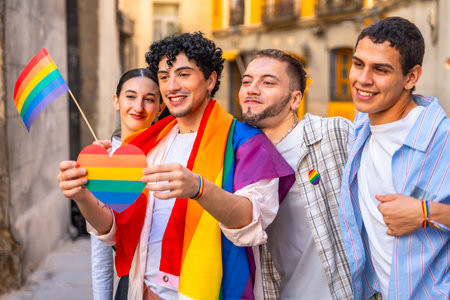 Young friends proudly displaying rainbow heart, flag and shawl at an outdoor pride celebration,...