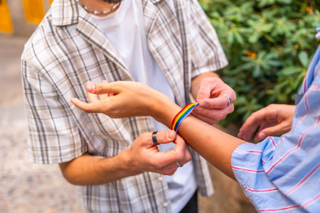 Two hands fastening a colorful rainbow bracelet on a wrist outdoors, symbolizing pride, love and solidarity in the lgbtqia plus community at a parade or festival celebrationの写真素材
