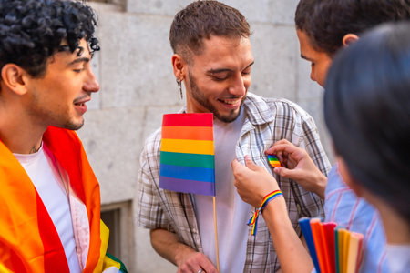 Group of young people smiling and interacting at a pride event, one person receiving a rainbow pin while holding a small rainbow flag, symbolizing pride, acceptance, and communityの写真素材