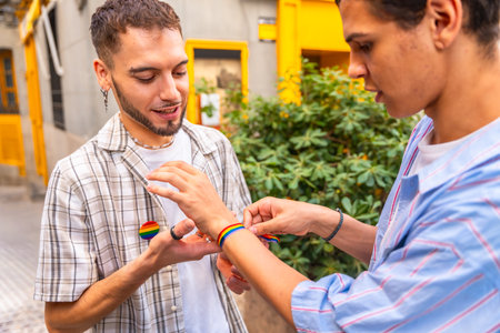 Two men clasp hands and put on rainbow flag bracelets outdoors, celebrating love, pride and identity with affectionate, candid street style connection and joyful solidarityの写真素材