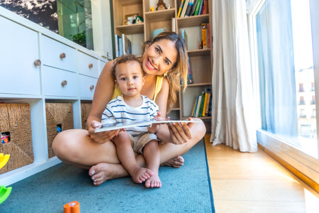 Happy mother and her baby son reading a book together, sitting on the floor in the living room at homeの写真素材