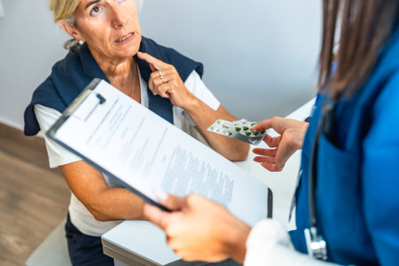 Medical professional discussing treatment options and handing blister pack of pills to an elderly female patient during a consultation, focusing on healthcare and medicationの写真素材