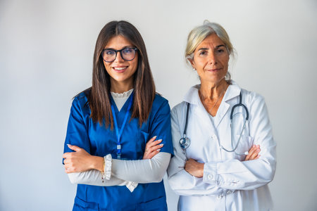Two women healthcare professionals, a younger nurse in blue scrubs and an older doctor in a white coat with a stethoscope, standing confidently with folded arms against a white backgroundの写真素材