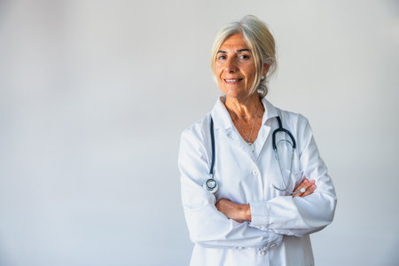 Senior woman doctor standing confidently with a stethoscope hanging around her neck, smiling at the viewer while her arms are crossed, conveying experience and trust in healthcareの写真素材