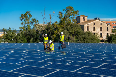 Three engineers wearing safety helmets and vests performing an inspection of a large rooftop solar...