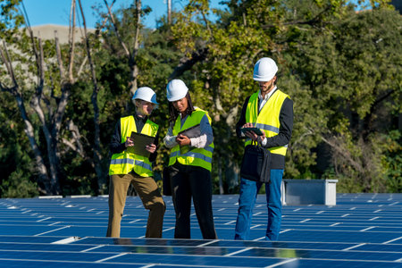 Three diverse engineers wearing hard hats and high visibility vests are inspecting solar panels on a...