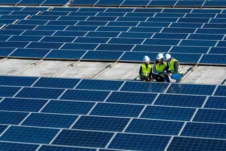Team of diverse engineers wearing white hard hats and high visibility vests inspecting an array of...