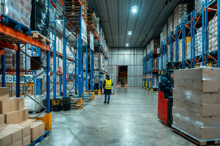Workers are moving inventory using a forklift and inspecting goods on high racks in a large cold storage logistics warehouse, ensuring efficient operations and supply chain managementの写真素材