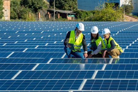 Group of diverse solar energy specialists wearing hard hats and safety vests inspecting photovoltaic...