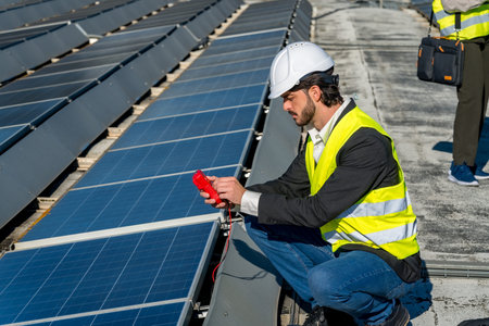 Engineer in hard hat and safety vest inspecting rooftop solar panels with a multimeter, monitoring...