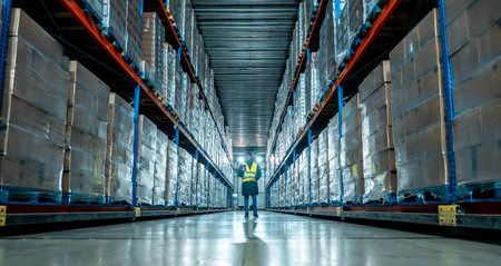 Worker in protective clothing examining packed goods and managing inventory within a vast, temperature controlled modern distribution warehouse, highlighting efficiency in cold chain logisticsの写真素材