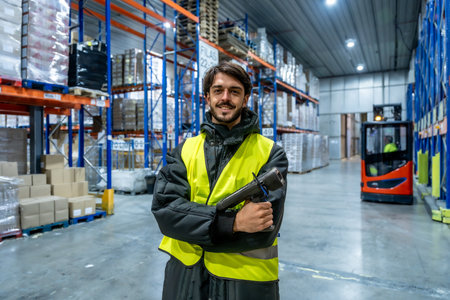 Man smiling inside a frozen warehouse, wearing a warm jacket and high visibility vest, holding a digital scanner, with shelves and pallets of goods in the background, managing inventoryの写真素材