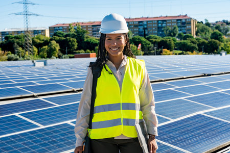 Smiling female engineer standing on a rooftop full of solar panels, wearing a hard hat and safety vest, representing green energy, sustainability, and technological innovationの写真素材
