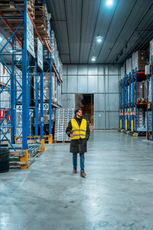 Male worker wearing a safety vest and winter jacket managing inventory in a large, modern cold storage warehouse, ensuring efficient frozen logistics and supply chain operationsの写真素材