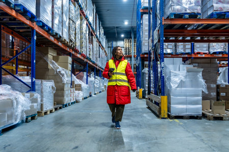 Female warehouse worker wearing warm clothing and a safety vest, scanning inventory while walking through a large industrial cold storage facility filled with pallets of wrapped goods on high racksの写真素材