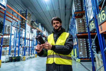 Worker wearing protective clothing and a high visibility vest operating a barcode scanner, managing...