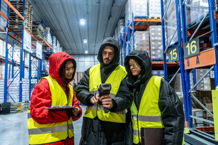Three warehouse workers in protective clothing and high visibility vests are collaborating while scanning products in a cold storage facility, managing inventory and supply chain operationsの写真素材