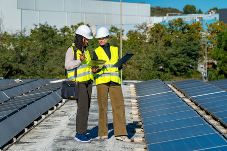Two female wearing hard hats and reflective vests are reviewing documents engineers while standing...