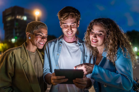 Three smiling diverse friends standing outdoors at night, looking at a shared digital tablet screen while interacting and enjoying content together in an urban settingの写真素材