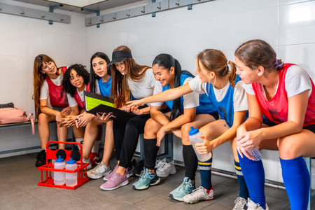 Diverse women's soccer team in uniforms sitting on benches in a locker room, gathered around their coach studying a clipboard as they plan strategy and prepare for the gameの写真素材
