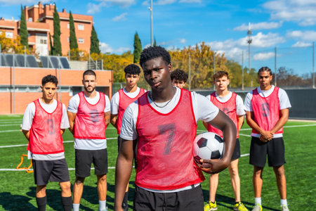 Young multi ethnic men's soccer team in red bibs and white shirts standing on a sunny green pitch,...
