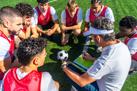 Soccer coach huddling with his youth team, drawing plays on a tactical board, and discussing strategy on a green artificial turf field, preparing for the gameの写真素材