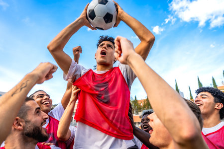 Young diverse men's soccer team members are cheering loud with fists raised and one player is triumphantly lifting a football overhead, symbolizing unity and achievementの写真素材