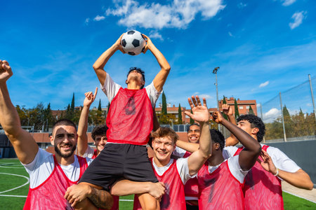 Young male soccer team members celebrating a goal or game victory on a green athletic field, lifting...