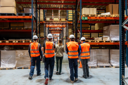 Warehouse manager and four workers wearing safety vests and hard hats walking through an industrial storage facility, examining rows of shelves filled with goods and packagesの写真素材