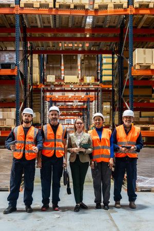 Diverse group of warehouse employees and a manager posing, smiling, and looking at the camera, wearing safety vests and hard hats in a modern logistics facility with racks of inventoryの写真素材