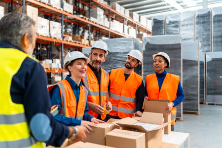 Group of happy diverse workers wearing safety vests and hard hats collaborating on packaging operations, standing around a table with cardboard boxes in a large industrial logistics warehouseの写真素材