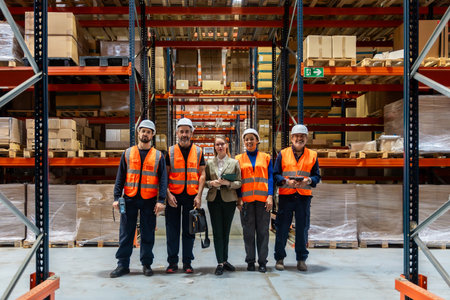 Diverse team of smiling warehouse workers and female manager standing in a modern logistics distribution center, showing collaboration and efficiency in the supply chainの写真素材