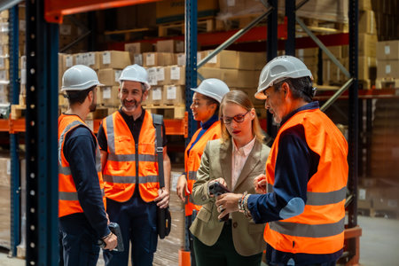 Warehouse manager and diverse workers standing together, reviewing operations and inventory data on...