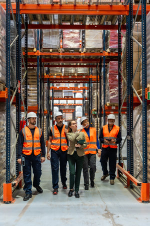 Female warehouse manager and diverse team of logistics workers are collaborating and inspecting stock inventory while walking through a large industrial storage facilityの写真素材