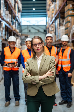 Female manager stands confidently with arms crossed before a diverse team of warehouse workers in high visibility vests and hard hats, symbolizing leadership and collaborative logisticsの写真素材