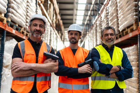 Three smiling male workers wearing hard hats and safety vests standing with arms crossed and...