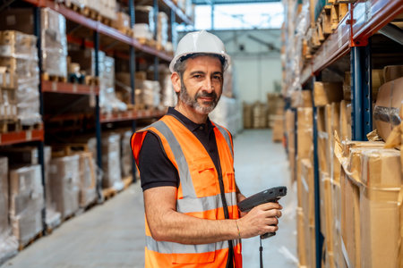 Male warehouse worker wearing a hard hat and safety vest, holding a barcode scanner in a modern...