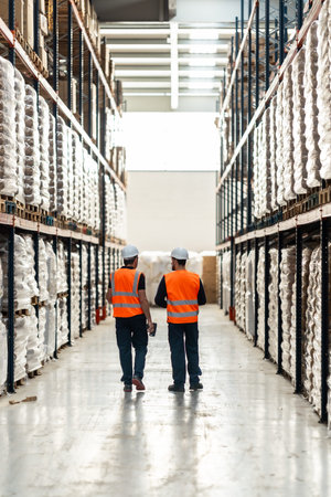 Two male warehouse workers in safety vests and hard hats walk down a tall shelved aisle inspecting...
