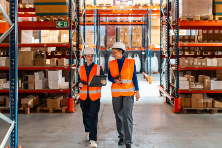 Two diverse female workers wearing safety vests and hard hats, discussing inventory management while walking through a modern logistics warehouse filled with stacked boxes and shelvingの写真素材