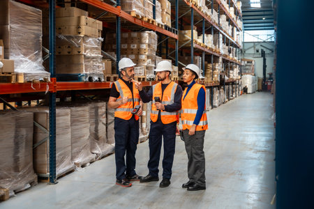 Diverse team of logistics professionals wearing safety gear and hard hats discussing inventory management and optimizing supply chain operations inside a modern distribution warehouseの写真素材