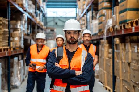 Warehouse supervisor in hard hat and safety vest stands with arms crossed, leading a diverse team in a busy indoor logistics and distribution center focused on efficient cargo handling and shippingの写真素材