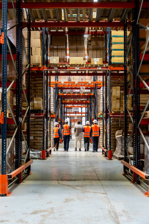 Workers in hard hats and reflective vests walk down a high rack warehouse aisle filled with stacked boxes and pallets, illustrating teamwork, safety and efficient supply chain operationsの写真素材