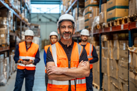 Warehouse manager with a safety helmet and high visibility vest standing with crossed arms, smiling at the camera, with a diverse team of workers behind him in a modern logistics facilityの写真素材