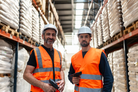 Two male logistics supervisors wearing safety helmets and reflective vests are standing confidently in a busy distribution center, holding barcode scanners and managing daily operationsの写真素材