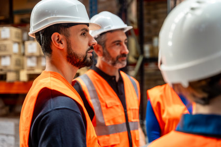 Warehouse workers wearing reflective vests and hard hats actively listening during a team meeting, discussing logistics operations and safety protocols in an industrial storage facilityの写真素材