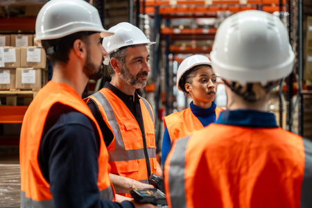 Diverse group of logistics professionals wearing safety vests and hard hats, collaborating and discussing operations within a large storage warehouse filled with palletsの写真素材