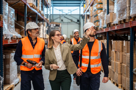 Female logistics manager wearing a suit and glasses discussing inventory levels with male workers in uniforms and hard hats inside a large industrial warehouse during an inspectionの写真素材