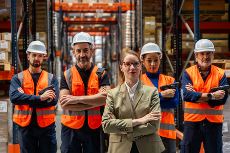 Female warehouse manager standing confidently with crossed arms in front of her diverse team of workers wearing safety vests and hard hats in a large logistics facilityの写真素材